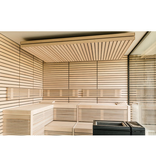 Elementsaunen in der Ausstellung von Wellness Wiedel an der B2 zwischen Augsburg und München – Innenansicht des Modells Lindea