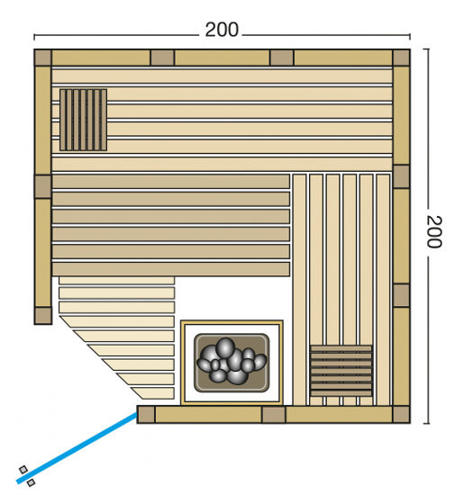 Massivholzsauna Classico – Grundriss Eckausführung – zu besichtigen in Sauna Ausstellung an der B2 zwischen Augsburg und München