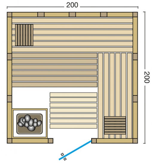 Massivholzsauna Classico – Grundriss – zu besichtigen in der Ausstellung von Wellness Wiedel bei Augsburg