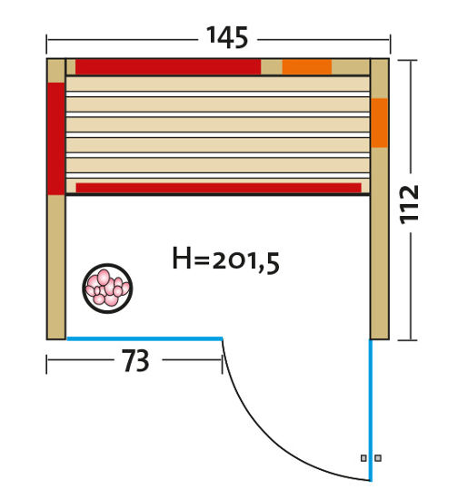 Infrarotkabine TrioSol Glas – Grundriss mit Tür rechts – zu besichtigen in Sauna Ausstellung an der B2 zwischen Augsburg und München