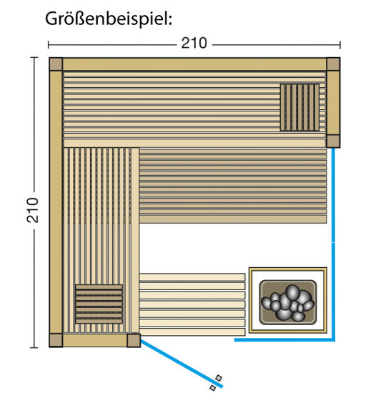 Elementsauna Aurora Premium – Grundriss – zu besichtigen in der Sauna Ausstellung an der B2 zwischen Augsburg und München