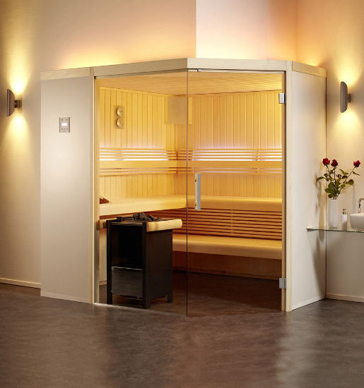 Elementsauna Aurora Premium mit Eckeinstieg bei Wellness Wiedel, dem Saunaspezialist für ganz Bayern
