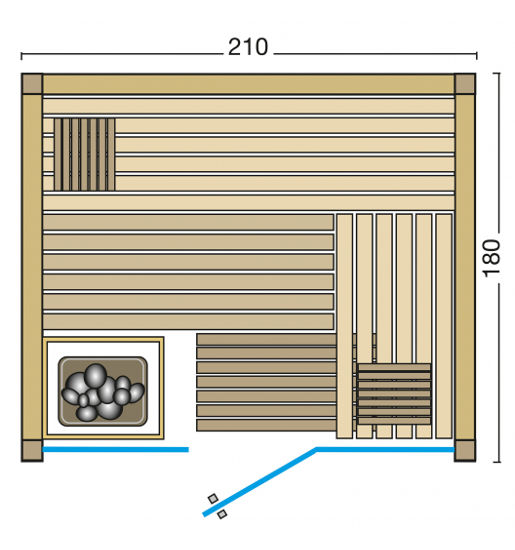 Elementsauna Panorama – Grundriss mit Ofen links – bei Wellness Wiedel, dem Saunaspezialist für ganz Bayern