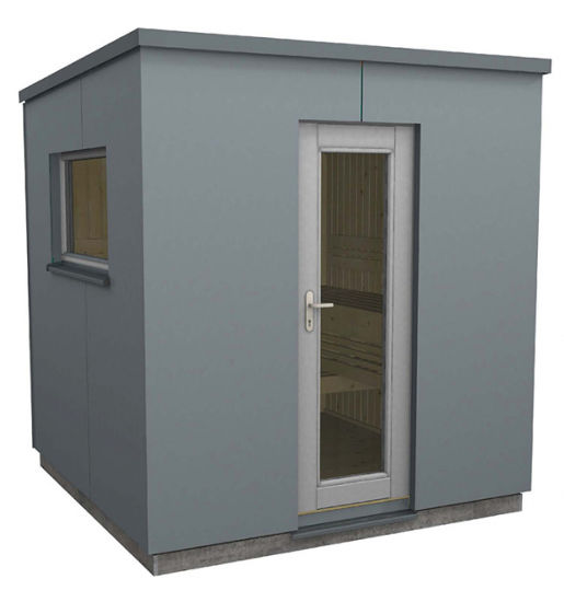 Gartensauna Luna 1 – mit HPL-Platten – bei Wellness Wiedel, dem Saunaspezialist für ganz Bayern