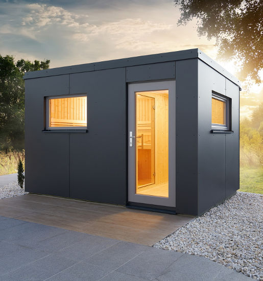 Gartensauna Luna 2 von Wellness Wiedel – Schlichte und elegante Design-Außensauna mit Vorraum