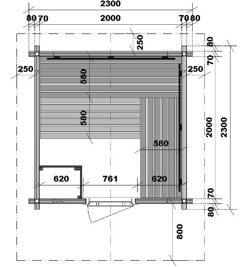 Gartensauna Terra 4 – Grundriss – zu besichtigen in der Sauna Ausstellung an der B2 zwischen Augsburg und München