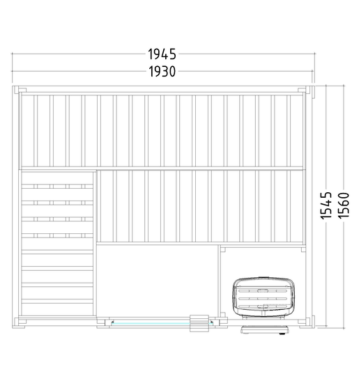 Massivholzsauna in der Ausstellung von Wellness Wiedel an der B2 zwischen Augsburg und München – Grundriss Modell Basic Medium