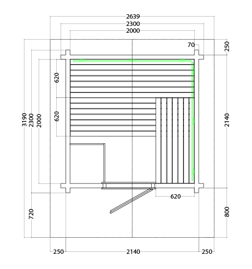 Gartensaunen in der Ausstellung von Wellness Wiedel an der B2 zwischen Augsburg und München – Grundriss Modell Country