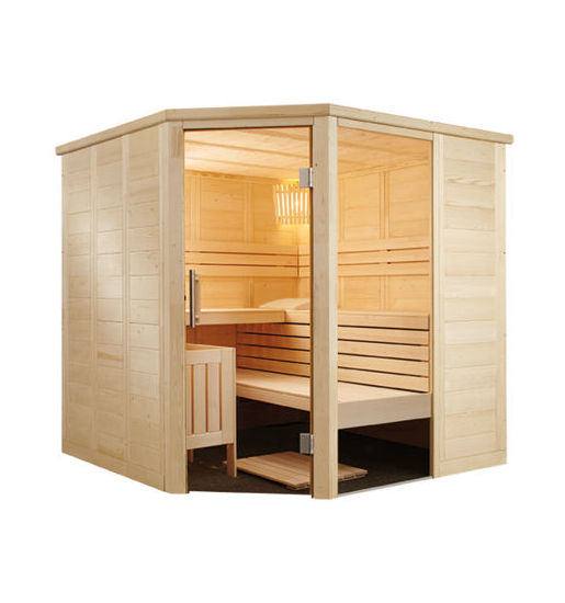 Massivholzsaunen im Angebot von Wellness Wiedel – Modell Alaska Corner – Saunaausstellung bei Augsburg