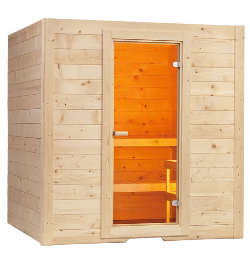 Massivholzsaunen von Wellness Wiedel – Modell Basic – Saunaausstellung an der B2 bei Augsburg