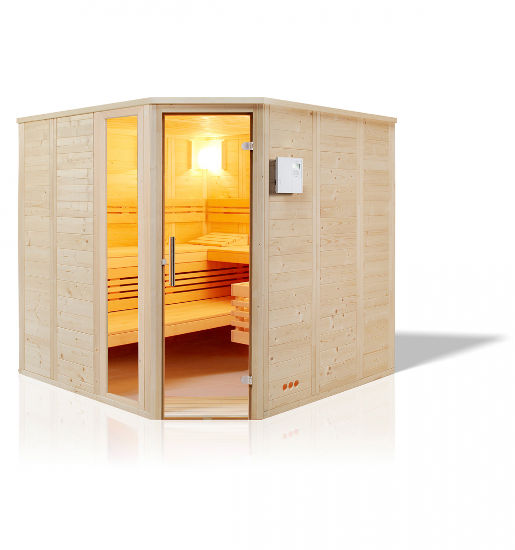 Massivholzsaunen von Wellness Wiedel – Modell Urban – Mit Eckeinstieg und großem Glasfenster