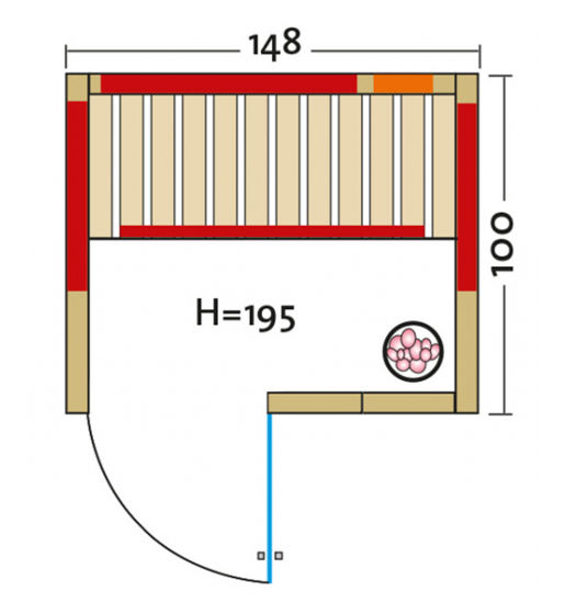Infrarotkabine TrioSol Natura – Grundriss mit Tür Links – zu besichtigen in Sauna Ausstellung an der B2 zwischen Augsburg und München