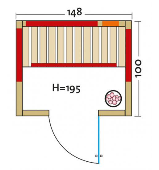 Infrarotkabine TrioSol Natura – Grundriss mit Tür Mitte – zu besichtigen in der Ausstellung von Wellness Wiedel bei Augsburg