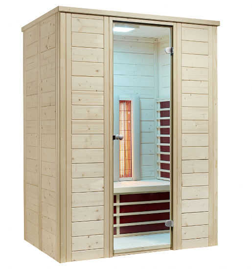 Infrarotkabinen von Wellness Wiedel – Modell Triosol Natura – mit dem Ambiente einer authentischen Schwitzhütte