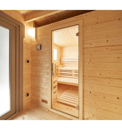 Gartensauna Bella 1 Eingang Sauna – Im Angebot von Wellness Wiedel, dem Saunaspezialist für ganz Bayern