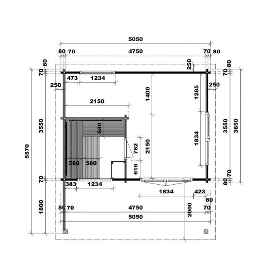 Gartensauna Bella 1 – Grundriss – zu besichtigen in der Sauna Ausstellung an der B2 zwischen Augsburg und München