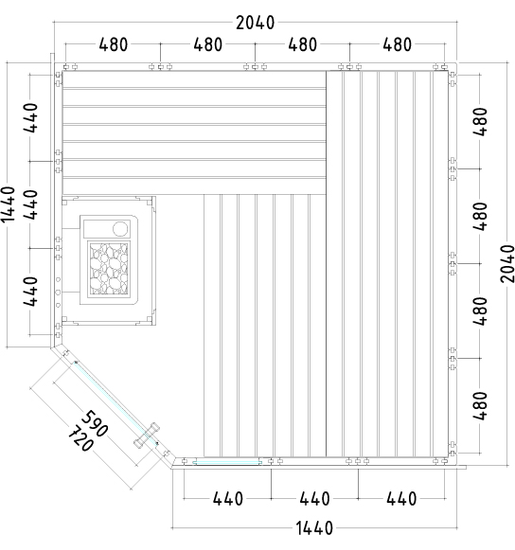 Massivholzsauna in der Ausstellung von Wellness Wiedel an der B2 zwischen Augsburg und München – Grundriss Modell Komfort Corner